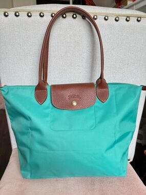 Longchamp Le Pliage Medium Tote Turquoise Nylon Brown Leather